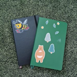 1 green and 1 balck diary, both with stickers on them, lying on a green carpet